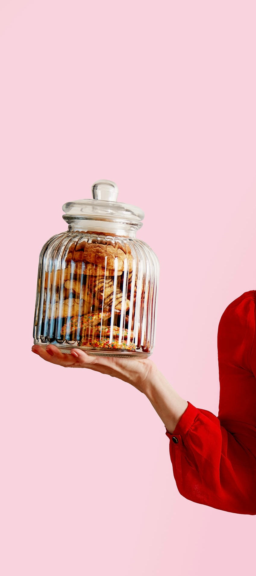 A person holding a large, lidded, ribbed glass jar filled with Biscuit Bliss - 6 Biscuits from She means Biscuits against a pink background. The person is wearing a red long-sleeved shirt, with only their arm and hand visible.